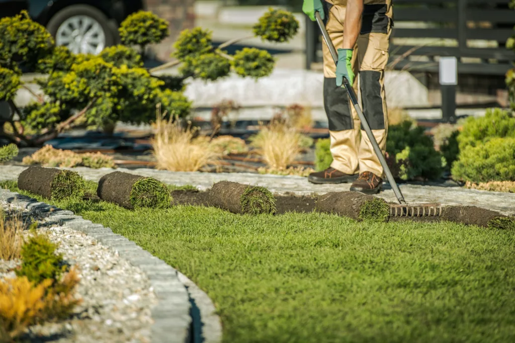 Cesar’s A 2 Z Lawn Care LLC offers services of Landscape Design, Lawn Care, Gutter Clearing, Pressure Washing, Roof Cleaning, Spring Clean Ups, Mulch Removal, Trimming, Cleaning and More, Driveway Wash in Albertville, AL, Boaz, AL, Guntersville, AL, Huntsville, AL, Arab, AL, Gadsden, AL, Sardis City, AL - Landscape DesignLandscaping Contractor Installing Sod For New Lawn.